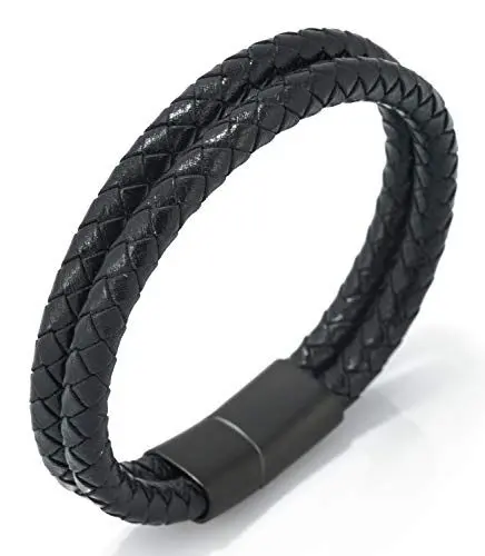 Produktbild: Halukakah ● Solo ● Herren-Armband Handgefertigt | Echtleder Schwarz | Magnetverschluss Edelstahl in Schwarz | Doppel Wrap | 21.5cm