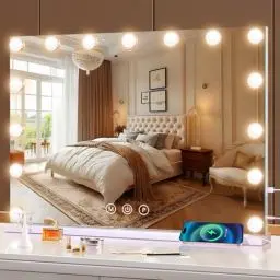 Produktbild: halumao Schminkspiegel mit Beleuchtung, 58×46cm Hollywood Spiegel mit 15 Lampen, 3 Color Modes, Adapter Plug, Tabletop or Wall Mounted Mirror for Bedroom
