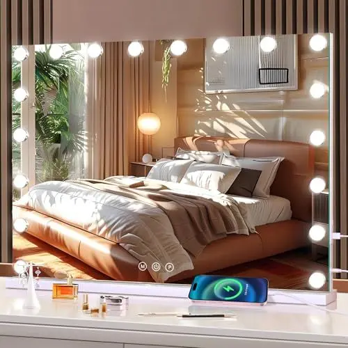 Produktbild: halumao Schminkspiegel mit Beleuchtung, 80×60cm Hollywood Spiegel mit 18 Dimmable Bulbs, 3 Color Modes, Adapter Plug, Tabletop or Wall Mounted Mirror for Bedroom