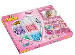 Produktbild: HAMA Perlen 3707 Kreativ-Box Accessoires mit ca. 2.400 bunten Midi Bügelperlen mit Durchmesser 5 mm, Stiftplatte und Zubehör für Ketten und Armbänder, inkl. Bügelpapier, Rosa, Lila, Blau, Weiß, 3707H