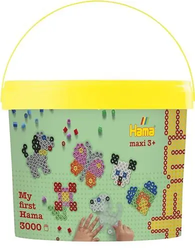 Produktbild: Hama Perlen 8806 Bügelperlen im Eimer mit ca. 3.000 Maxi-Perlen, vier kleinen Stiftplatten, Motivvorlagen, Bügelpapier, für Kinder ab 3 Jahren