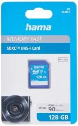Produktbild: Hama 128 GB SDXC-Speicherkarte, Class 10, V10, UHS-I (bis zu 90MB/s, für Full-HD- und 3D-Video-Aufnahmen, z.B. Digitalkamera, Camcorder, Videokamera, mit Schreibschutz) SDXC-Card