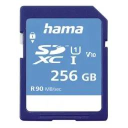 Produktbild: Hama 256 GB SDXC-Speicherkarte, Class 10, V10, UHS-I (bis zu 90MB/s, für Full-HD- und 3D-Video-Aufnahmen, z.B. Digitalkamera, Camcorder, Videokamera, mit Schreibschutz) SDXC-Card