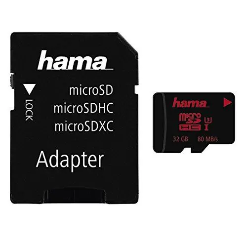 Produktbild: Hama 32GB Micro SDHC Speicherkarte (Datenübertragungsrate bis zu 80 MB/Sek, UHS-I Speed Class 3 + universellen SD Adapter)