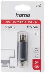 Produktbild: Hama 64GB USB-Speicherstick mit USB 2.0 & microUSB (2-in-1 USB-Stick, z.B. für Android Handy, Tablet, Computer, Notebook, PC, Laptop, MacBook, OTG, 15MB/s) Handy-Stick, Doppel Memory-Stick grau