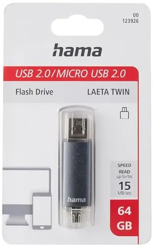 Produktbild: Hama 64GB USB-Speicherstick mit USB 2.0 & microUSB (2-in-1 USB-Stick, z.B. für Android Handy, Tablet, Computer, Notebook, PC, Laptop, MacBook, OTG, 15MB/s) Handy-Stick, Doppel Memory-Stick grau
