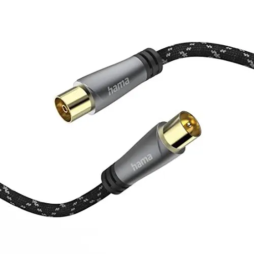 Produktbild: Hama Antennenkabel Koax 5 m lang 120 dB (Koax Stecker - Kupplung, Koaxialkabel HD TV, 8K, zur Verbindung von Antennendose zu TV oder Receiver, Metallgehäuse, verstärkter Kabelmantel, 75 Ohm)