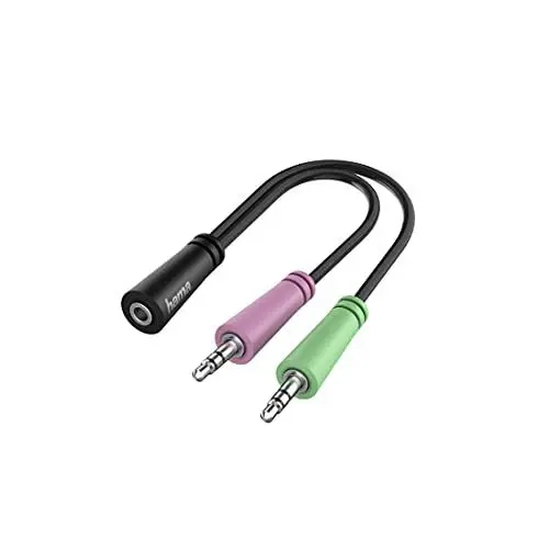 Produktbild: Hama Audio Adapter (2X 3 pol. 3,5 mm Klinke Stecker - 4 pol. 3,5 mm Klinke Buchse, Stereo Klinke Adapter verbindet 4 poligen Klinken Kopfhörer mit Mikrofon oder Headset mit einem PC oder Laptop)