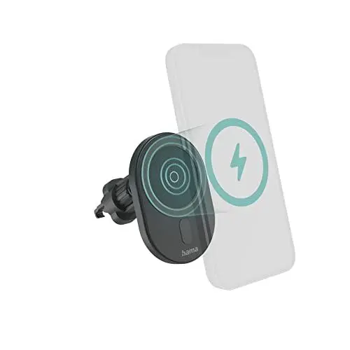 Produktbild: Hama Auto Ladegerät, Kfz Handy Ladegerät 15 Watt kabellos für iPhone (Magnetisch Laden, Ladeadapter für Lüftungsgitter, Wireless Charging, Apple MagSafe-kompatibel, Hochformat und Querformat) schwarz