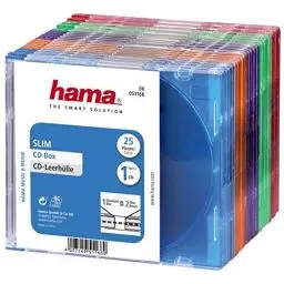 Produktbild: CD-ROM Slim Box 25er Pack (platzsparende CD-Aufbewahrung, Leerhüllen auch für DVD und Blu-ray geeignet, CD-Schutzhüllen transparent-farbig in Blau, Orange, Violett, Grün und Pink) fünf Farben