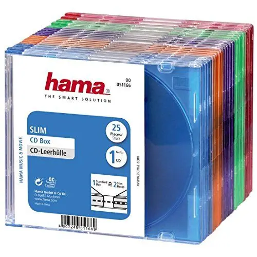 Produktbild: CD-ROM Slim Box 25er Pack (platzsparende CD-Aufbewahrung, Leerhüllen auch für DVD und Blu-ray geeignet, CD-Schutzhüllen transparent-farbig in Blau, Orange, Violett, Grün und Pink) fünf Farben