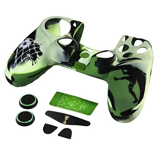 Produktbild: Hama Controller-Hülle Silikon Zubehör Set für PS4 Slim/PS4 PRO Controller, (Schutzhülle mit Thumbstick-Kappen, Trigger-Aufsätzen, Touchpad-Schutzfolie, Sticker, Silikon Case, Fußball)