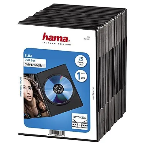 Produktbild: Hama DVD-Hülle Slim (auch passend für CDs und Blu-rays, extra schmal, mit Folie zum Einstecken des Covers) 25er-Pack, schwarz
