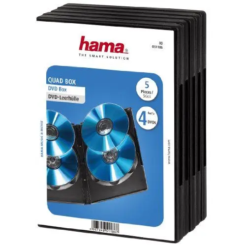 Produktbild: Hama DVD-Hülle für 4 DVDs (auch passend für CDs und Blu-rays, mit Folie zum Einstecken des Covers)5er-Pack, schwarz