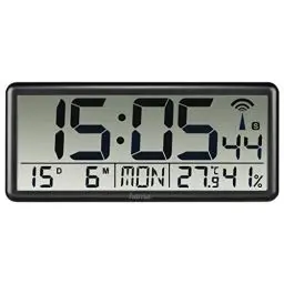 Produktbild: Hama Digitale Wanduhr XXL mit Funk (Digitaluhr mit Thermometer und Hygrometer, große Funkuhr mit Datum und Wochentag, gut ablesbar Wand Uhr zum Hängen und Stellen, inkl. Batterie) schwarz