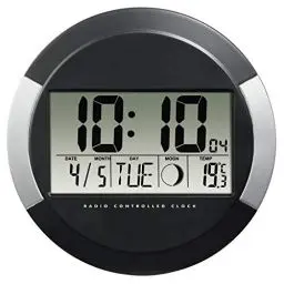 Produktbild: Hama Digitale Wanduhr mit Temperaturanzeige, „PP-245“ (DCF Funkuhr mit Datum, Thermometer, Mondphasen, zum Aufstellen/Aufhängen, 17cm Durchmesser, rund) Digitaluhr, Baduhr Silber/schwarz