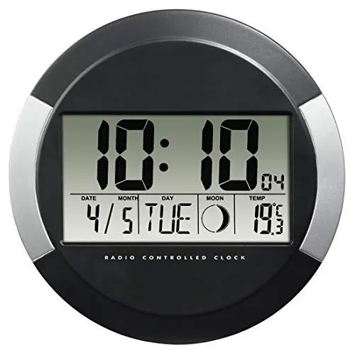 Produktbild: Hama Digitale Wanduhr mit Temperaturanzeige, „PP-245“ (DCF Funkuhr mit Datum, Thermometer, Mondphasen, zum Aufstellen/Aufhängen, 17cm Durchmesser, rund) Digitaluhr, Baduhr Silber/schwarz