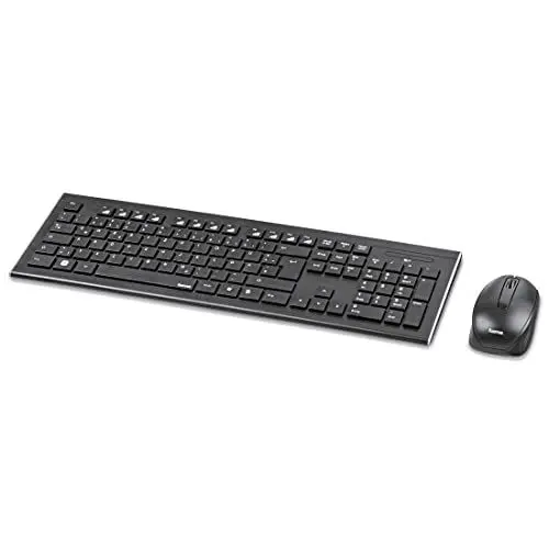 Produktbild: Hama Funk-Tastatur mit Maus Set (deutsches QWERTZ Tastenlayout, 12 Media-Tasten, kabellose optische Maus, 2,4 GHz, USB-Empfänger) Windows Keyboard Funkmaus-Tastatur-Set schwarz