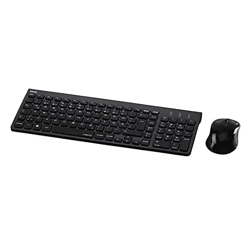 Produktbild: Hama Funk-Tastatur mit Maus Set kabellos (leise Computer-Tastatur mit flachen Tasten, Ziffernblock, deutsches QWERTZ Layout, optische Funk-Maus, 1200 dpi, 8m Reichweite) schwarz