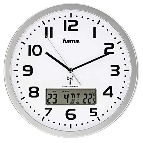 Produktbild: Hama Funk-Wanduhr digital (große Funkuhr mit analoger Zeitanzeige, Wanduhr mit digitaler Kalender- und Temperaturanzeige, inkl. Batterie) Silber