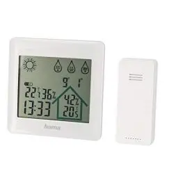 Produktbild: Hama Funk-Wetterstation mit Außensensor, Wettervorhersage, „Action“ (Innen-/Außentemperatur, Luftfeuchtigkeit, Hygrometer/Thermometer, Wecker-Funktion, batteriebetrieben) Temperaturmessgerät weiß