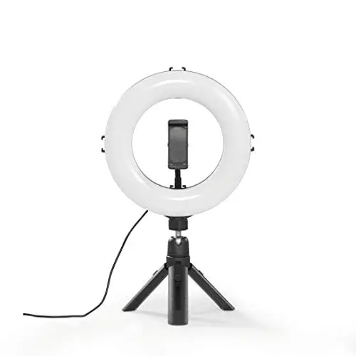 Produktbild: Hama LED Ringlicht mit Stativ Handy (8“ Ringleuchte, 21 cm Durchmesser, Tisch Stativ für die Kamera, Dimmbares LED Tischringlicht für Selfie, Videokonferenz, YouTube, TikTok, Fotografie) schwarz