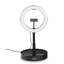 Produktbild: Hama LED Ringlicht mit Stativ Handy faltbar (10,2“ Ringleuchte, 26,5 cm Durchmesser, Tisch Stativ für die Kamera, ausziehbar bis 138 cm, dimmbares LED Tischringlicht, zum Einklappen) schwarz