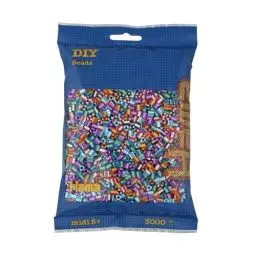 Produktbild: Hama Perlen 201-90 Bügelperlen Beutel mit ca. 3.000 bunten Midi Bastelperlen mit Durchmesser 5 mm im Mix gestreift, kreativer Bastelspaß für Groß und Klein