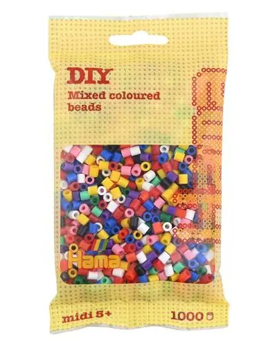 Produktbild: Hama Perlen 207-00 Bügelperlen Beutel mit ca. 1.000 bunten Midi Bastelperlen mit Durchmesser 5 mm im Volltonfarben Mix, kreativer Bastelspaß für Groß und Klein