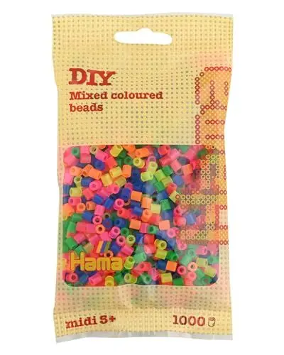 Produktbild: Hama Perlen 207-51 Bügelperlen Beutel mit ca. 1.000 bunten Midi Bastelperlen mit Durchmesser 5 mm im Neon Mix, kreativer Bastelspaß für Groß und Klein