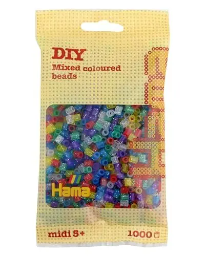 Produktbild: Hama Perlen 207-54 Bügelperlen Beutel mit ca. 1.000 bunten Midi Bastelperlen mit Durchmesser 5 mm im Glitter Mix, kreativer Bastelspaß für Groß und Klein