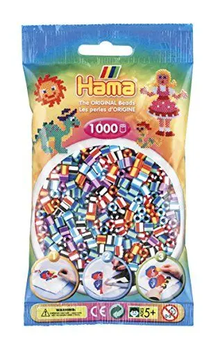 Produktbild: Hama Perlen 207-90 Bügelperlen Beutel mit ca. 1.000 Midi Bastelperlen mit Durchmesser 5 mm im Mix gestreift, kreativer Bastelspaß für Groß und Klein