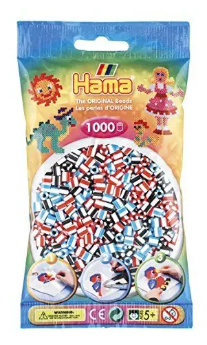 Produktbild: Hama Perlen 207-91 Bügelperlen Beutel mit ca. 1.000 Midi Bastelperlen mit Durchmesser 5 mm im Mix gestreift, kreativer Bastelspaß für Groß und Klein