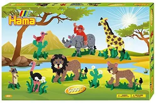 Produktbild: Hama Perlen 3041 Geschenk-Set Safari mit ca. 5.000 bunten Midi Bügelperlen mit Durchmesser 5 mm, Motivvorlagen und 5 Stiftplatten, inkl. Bügelpapier, kreativer Bastelspaß für Groß und Klein
