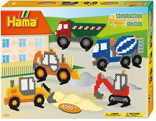 Produktbild: Hama Perlen 3143 Geschenk-Set Baufahrzeuge mit ca. 4.000 bunten Midi Bügelperlen mit Durchmesser 5 mm, Stiftplatte, inkl. Bügelpapier, kreativer Bastelspaß für Groß und Klein