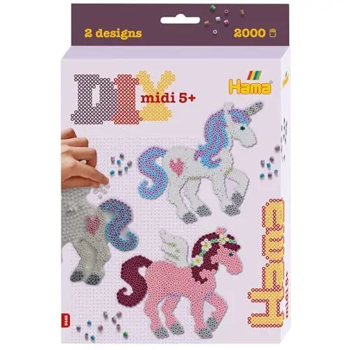 Produktbild: Hama Perlen 3448 Kleines Geschenk-Set Zauberhafte Pferde mit ca. 2.000 bunten Midi Bügelperlen mit Durchmesser 5 mm, Stiftplatte, inkl. Bügelpapier, kreativer Bastelspaß für Groß und Klein