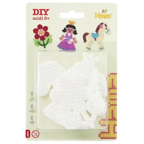Produktbild: Hama Perlen 4571 Kleine Stiftplatten 3er Set für Midi Bügelperlen mit Durchmesser 5 mm, Motive Pony, Blume und Prinzessin in weiß, kreativer Bastelspaß für Groß und Klein