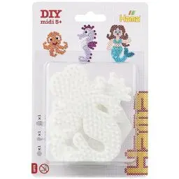 Produktbild: Hama Perlen 4575 Stiftplatten 3er Set für Midi Bügelperlen mit Durchmesser 5 mm, Motive Sechseck, Seepferdchen und Meerjungfrau in weiß, Bastelspaß für Groß und Klein