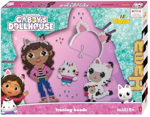 Produktbild: Hama Perlen 7918 - Bügelperlen Geschenkset, Gabby's Dollhouse, mit ca. 4000 Midi Bastelperlen im Durchmesser von 5 mm, kreativer Bastelspaß für Groß und Klein