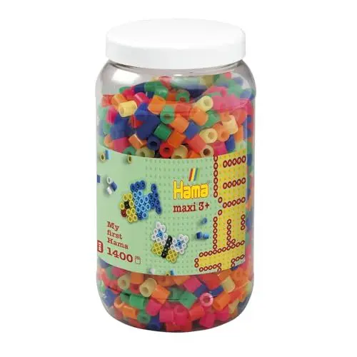 Produktbild: Hama Perlen 8542 Bügelperlen Dose mit ca. 1.400 bunten Maxi Bastelperlen mit Durchmesser 10 mm im Neon Mix, kreativer Bastelspaß für Groß und Klein