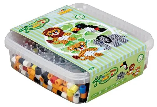 Produktbild: Hama Perlen 8751 Bügelperlen Box Löwe und Elefant, ca. 600 Bunte Maxi Bastelperlen mit Durchmesser 10 mm, Zwei transparente Stiftplatten, inkl. Bügelpapier, kreativer Bastelspaß für Kinder, Large