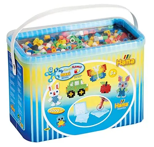 Produktbild: Hama Perlen 8805 Bügelperlen im Eimer mit ca. 3.000 bunten Maxi Bastelperlen mit Durchmesser 10 mm im Grundfarben Mix, 3 Stiftplatten, inkl. Bügelpapier, kreativer Bastelspaß für Groß und Klein