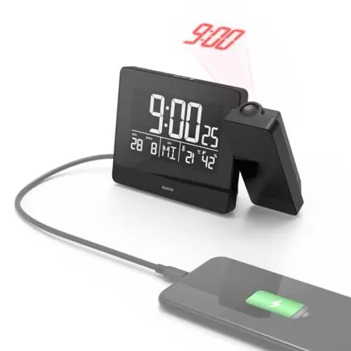 Produktbild: Hama Projektionswecker mit USB-Anschluss (Digitaler Funkwecker mit Touch-Screen, Wecker mit Projektion inkl. Netzteil) schwarz