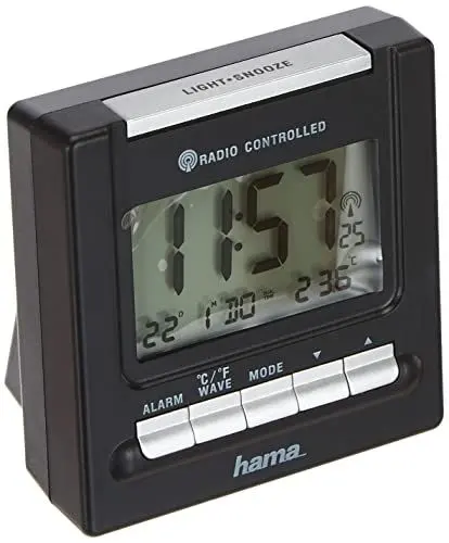 Produktbild: Hama Reise Funk Wecker RC200 (Thermometer, Hintergrundbeleuchtung, Zwei Weckzeiten, automatische Zeitanpassung) schwarz