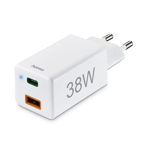 Produktbild: Hama Schnellladegerät USB C und USB A (2 Port Universal Ladestecker für Smartphone iPhone, Samsung u. Tablet, Mehrfach Ladeadapter 38 Watt mit Power Delivery und Qualcomm Quick Charge, Mini Ladegerät)