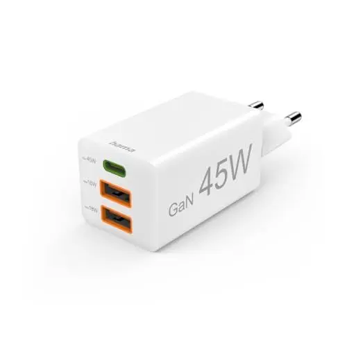 Produktbild: Hama Schnellladegerät USB (Ladegerät mehrfach, USB C, USB A, Handy Tablet Laptop Universal Ladegerät, Netzstecker USB Schnellladen, USB C Netzteil, Power Delivery/Quick Charge 3.0, GaN Charger, 45 W)