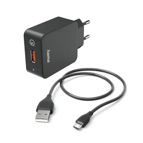 Produktbild: Hama Schnellladegerät, mit Ladekabel Micro USB, 19,5W (Set, Qualcomm Quick Charge 3.0, USB Ladegerät, für Handy, Smartphone, Tablet, Power Pack, Micro-USB Ladegerät, schnellladen, klein) schwarz