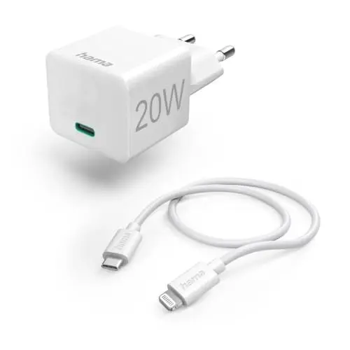 Produktbild: Hama Schnellladegerät, mit Lightning Ladekabel (Set, Ladeadapter 20 Watt, für Apple iPhone iPad AirPods, Smartphone etc., mit PD 3.0, USB C Ladegerät, schnellladen, MFI Zertifiziert, klein) Weiß