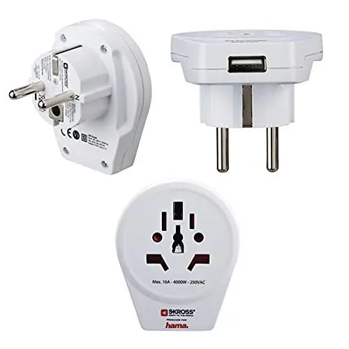 Produktbild: Hama Steckdosenadapter mit USB-Port, für deutsche Schutzkontakt Steckdosen „World to Europe USB“ (Reiseadapter für Geräte aus UK, USA, China, Brasilien, Australien u.v.m.) Reisestecker weiß