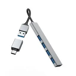 Produktbild: Hama USB-Hub 4 Ports (USB-A und USB-C-Anschluss, 4X USB-A für Maus, Tastatur, Externe Festplatte, USB-Stick etc., Aluminium-Gehäuse, Ultra Slim, USB-Adapter für Büro, Home Office)